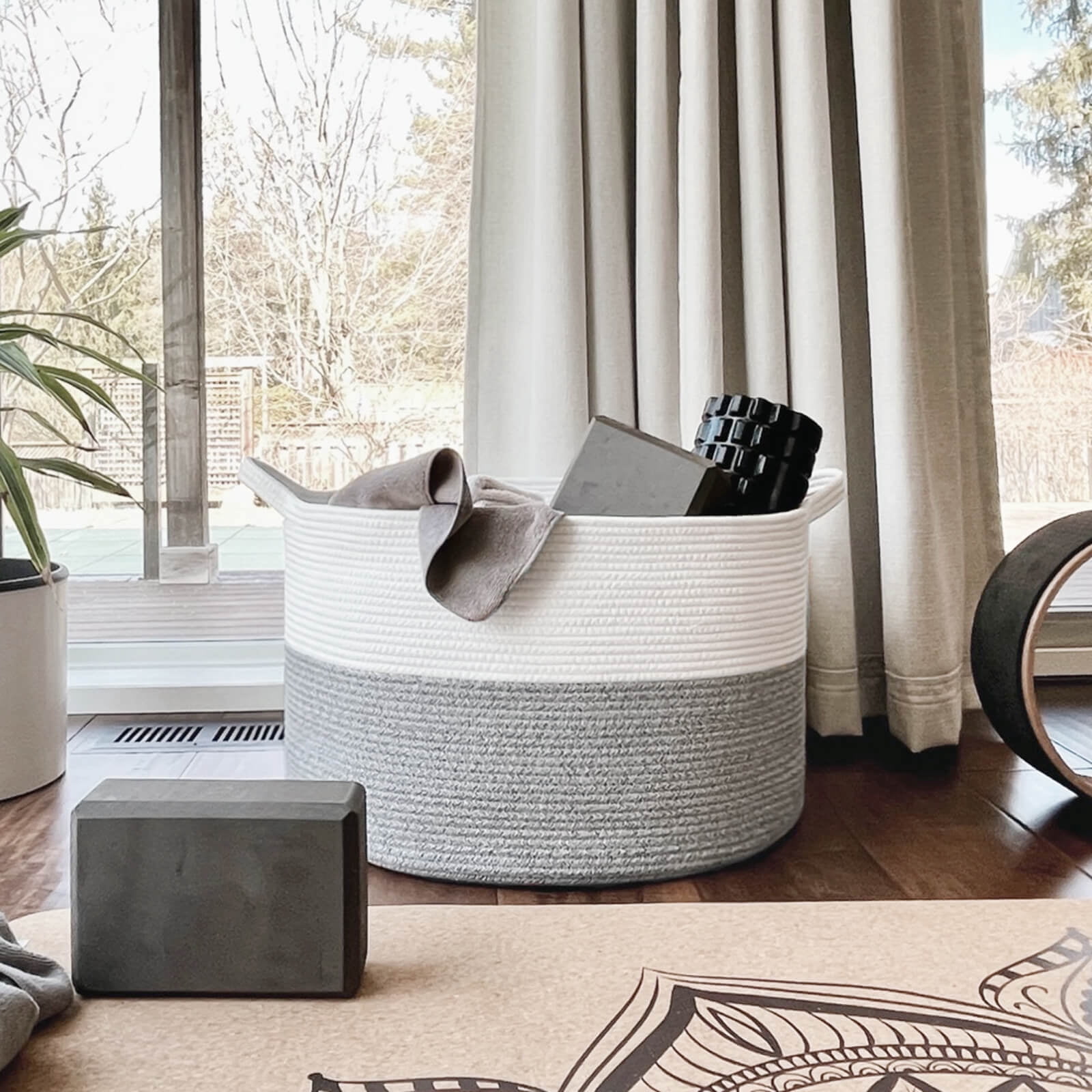 Timeyard Large Woven Laundry Hamper Basket - Decorative Storage Organizer for Living Room, Holds Toys Pillows Blankets Clothes - 21.7" x 21.7" x 13.8"-Light Grey