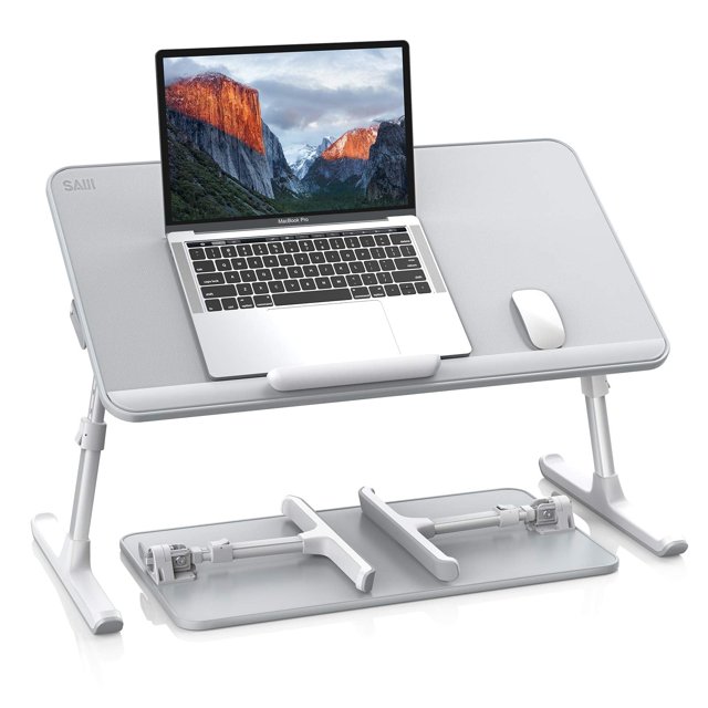 SAIJI Leather Laptop Bed Tray Table, Adjustable Laptop Stand with Removable Stopper, Portable Lap Desks with Foldable Legs, Notebook Stand Breakfast