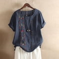 thumbnail image 2 of WEIYLL T-Shirt pour Femmes Broderie en Lin Rétro Manches Courtes Ample Marine Tailles TTTG, 2 of 3