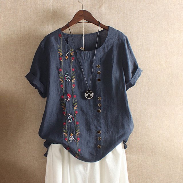 TINZ Womens Retro And Linen Embroidery Loose Short Long Sleeve Running Shirts Shirt Short Sleeve Women Solid Color Shirts Womens Turtle Tees Women Workout Shirt Long Sleeve Undershirt for Women