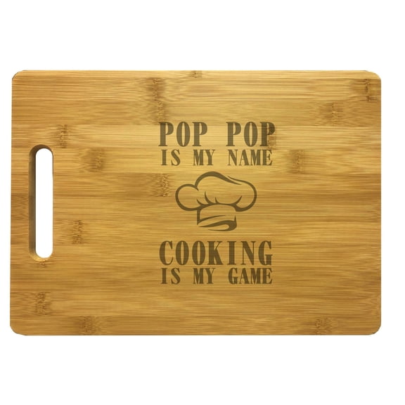 PrecisionNC Grandpa Gifts Pop Pop My Name Cooking My Game Engraved Large Sized Natural Wood Cutting Board Bamboo
