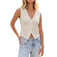 thumbnail image 3 of Women's Solid Color V Neck Three Button Knit Sweater Vest, Cropped Sleeveless Casual Top, Lightweight for Summer Going Out Outfits, Soft and Breathable Beige L, 3 of 10