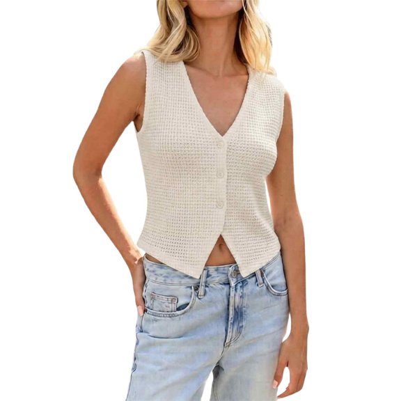 Vest Tops For Women,Women Knit Vest Top V Neck Sleeveless Cropped Button Up Crochet Going Out Tops Spring Ribbed Tank Beige L