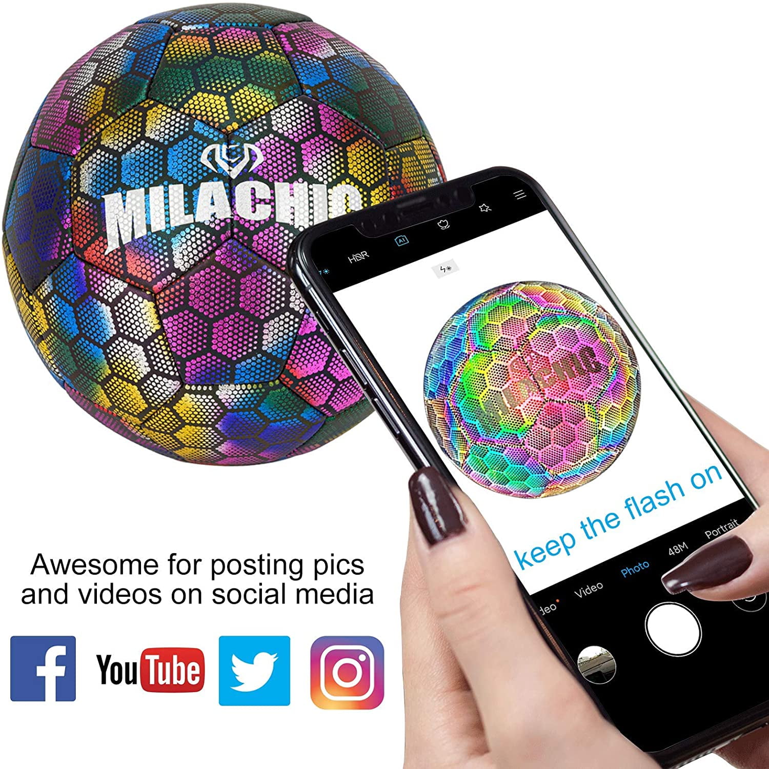 MILA CHIC Soccer Ball, Holographic Soccer Ball Size 4 & Size 5, Reflective Glowing Soccer Ball Gift for Boys, Girls, Men Indoor-Outdoor Soccer Training