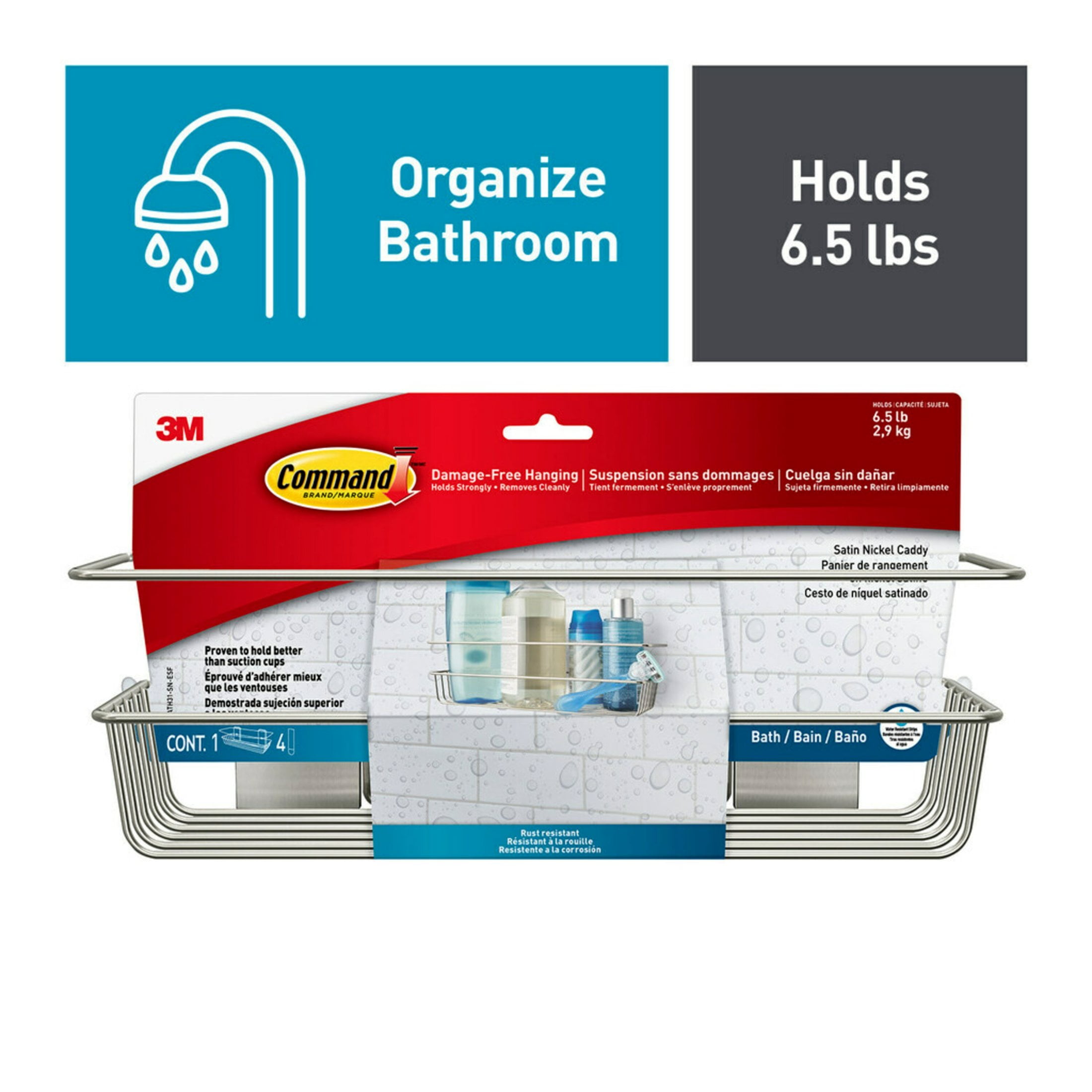 Command Bath Shower Caddy, Satin Nickel, 1 Caddy, 4 Water Resistant Strips, Bathroom Organization