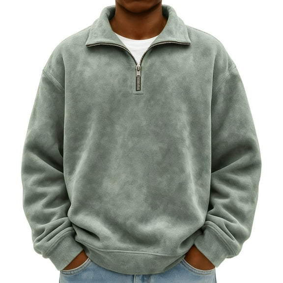 L-4X Plus Size Sueded Sweatshirts for Men with Zipper Big & Tall Shirts Mens Long Sleeve Solid Color Pullover Drop Shoulder Mock Neck Sweatshirt Tops