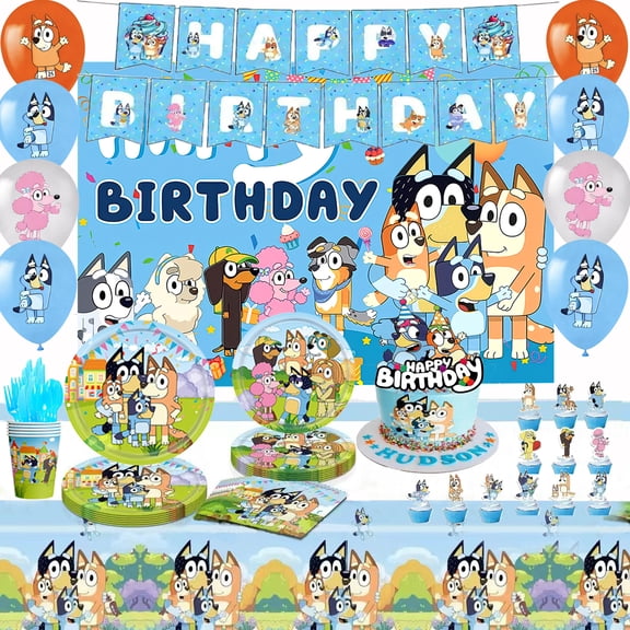 Bluey Birthday Party Decoration, Bluey Birthday Party Tableware Set-Bluey Birthday Banner Backdrop Tablecloth Plates Cups Napkins Balloons Cake Topper etc Bluey Themed Party Supplies