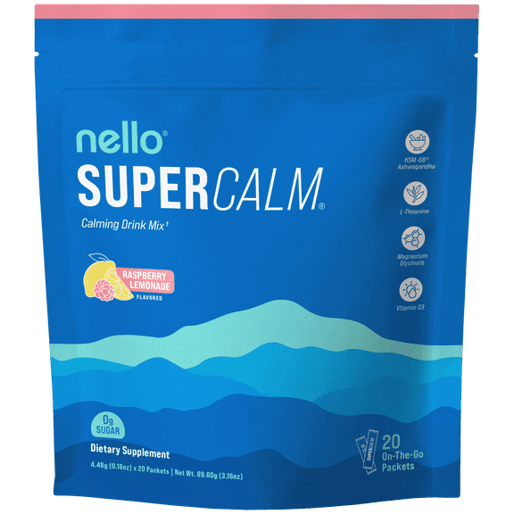 Nello Supercalm Drink Mix - Ashwagandha KSM 66, Magnesium Glycinate & L-Theanine Supplement - Ashwagandha Root Extract - Focus and Relaxation Support (20 Travel Packets) - Raspberry Lemonade