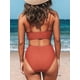 thumbnail image 2 of Conjunto de bikini para mujer, traje de baño de dos piezas, cintura alta, cuello en V, parte delantera torcida, tirantes finos ajustables, traje de baño, rojo, L, 2 of 5