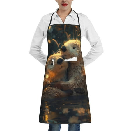 

Matuu Adorable Otter Pair Hug for Adjustable Cooking Aprons for Women with Pockets Kitchen Aprons for Men Water and Oil Resistant
