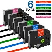 Markdomain 6 Pack Replacement for Brother P Touch TZe TZ Tape 12mm Laminated Label Maker Tape for Brother Ptouch Label Maker, White on Red/Blue/Green/Black/Pink/Gold on Black