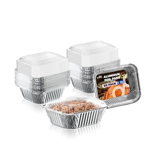 Fit Meal Prep 50 Pack 2.25 lb Aluminum Foil Pans with Clear Lids, 8.5 x 6.15 x 2.15 Disposable Aluminum Food Take Out Containers, Freezer Oven Safe Foil Baking Pan for Catering, Packaging
