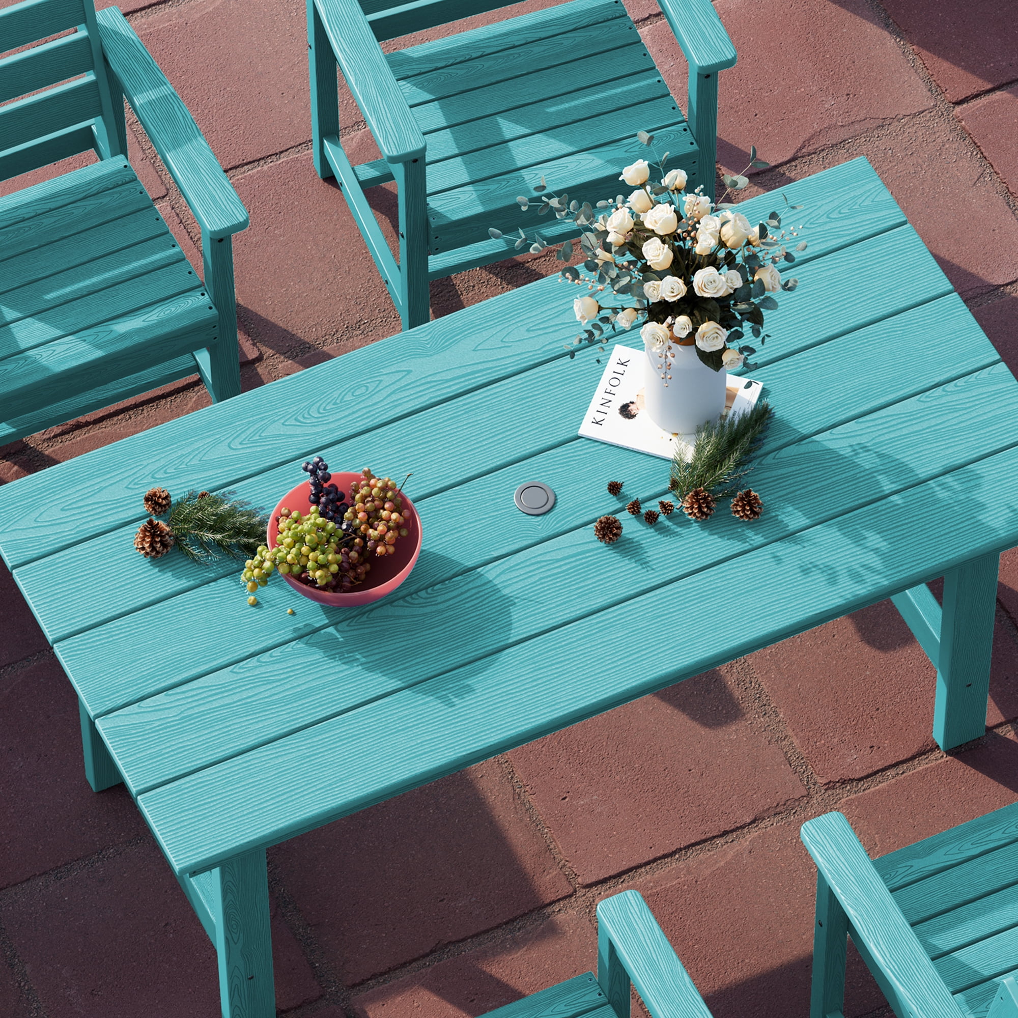 KINGYES All Weather Outdoor Dining Table with Umbrella Hole, HDPE Rectangular Patio Table for Backyard, Garden, Porch, Deck, Aruba Blue