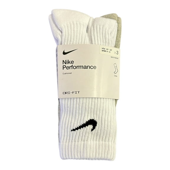 Nike Kids Cotton Moisture Wicking Crew Socks 3Pk White/Grey/Black Sz Small