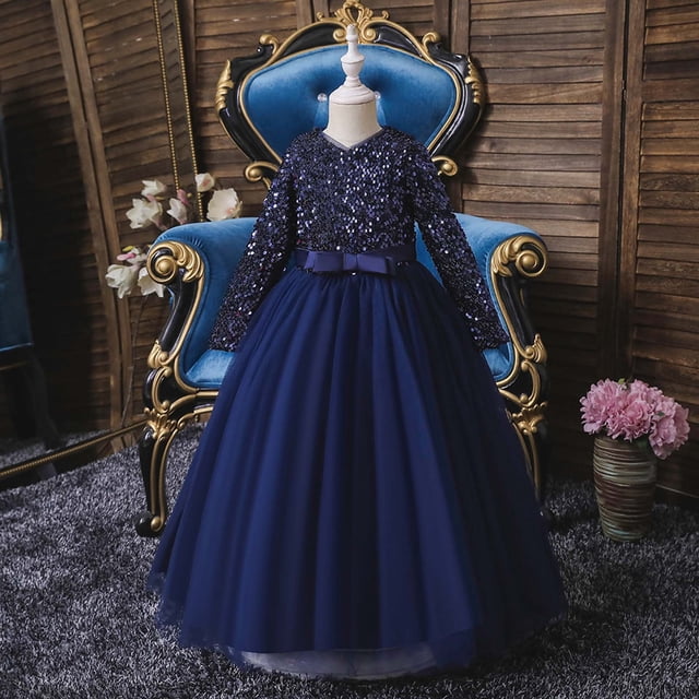 DPTALR Robe pour Enfants Fille Manches Longues Robe Princesse Fille Robe Longue à Paillettes Robe