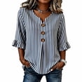 thumbnail image 2 of TGSLY Striped Tops for Women Trendy Casual Notched V Neck 3/4 Ruffle Sleeve Blouses Relaxed Fit Dressy Decorative Buttons Shirts S, 2 of 6