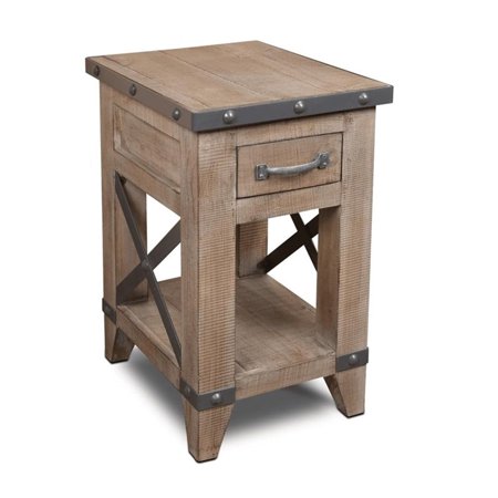 Pemberly Row Contemporary Solid Pine Wood 1 Drawer Side Table in Grey