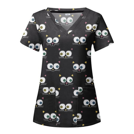 

Women Scrubs Tops Short Sleeve V Neck Flower Printed Top Nursed Working T Shirts Blouse With Pockets Comfortable Nursing Uniform