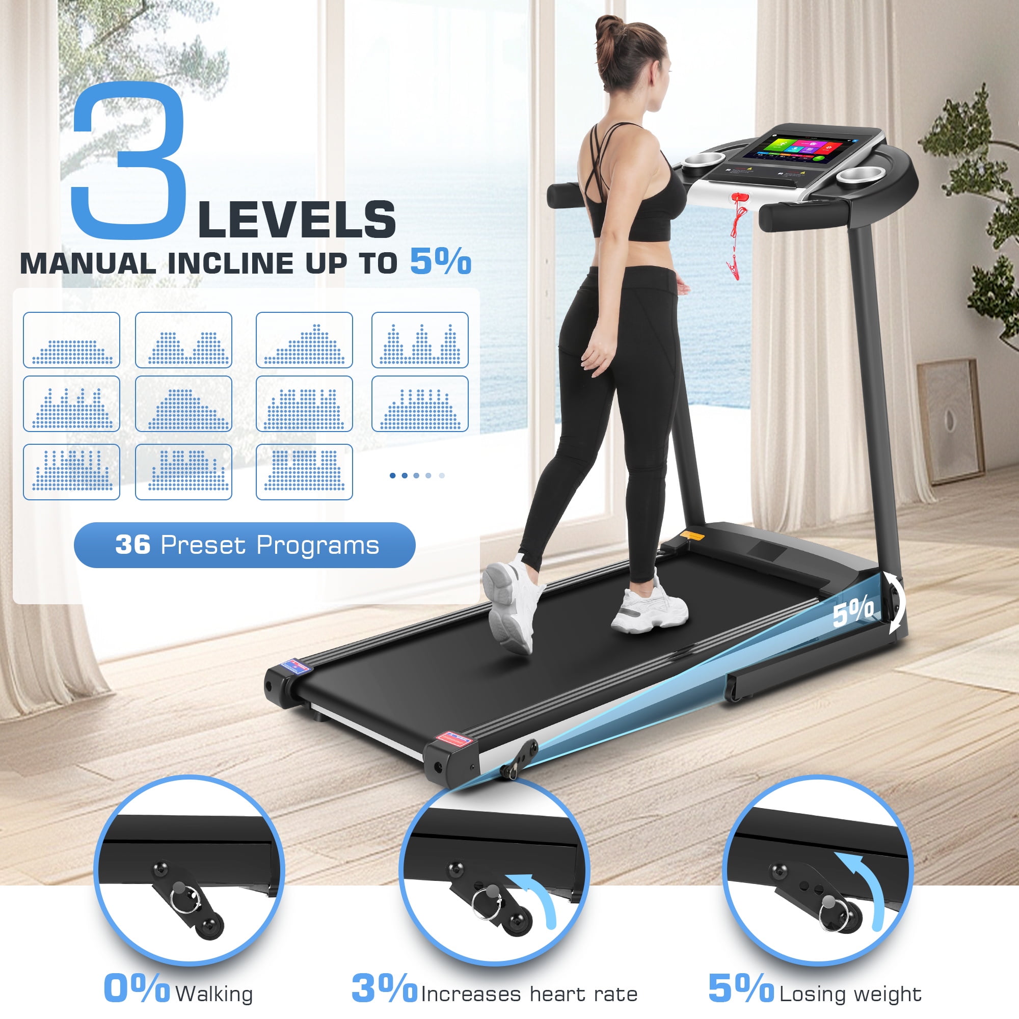 Simpfree Treadmill with 10" HD TV Movie Touchscreen and 3D Virtual Sports Scene, 0.5-9.0 mph/h & 3.5HP Electric Treadmill with Incline for Home（Black）