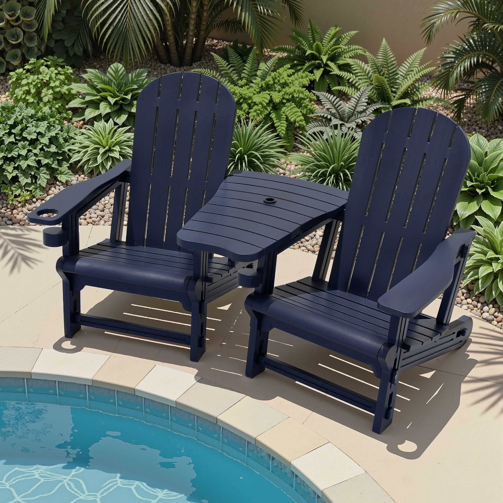Walsunny Adirondack Chairs Set of 2 Fire Pit Chair Set with Connecting Tray Cup Holder Removable Tabletop,All-Weather HDPE Outdoor Chair Set for Patio Garden Lawn,Dark Blue