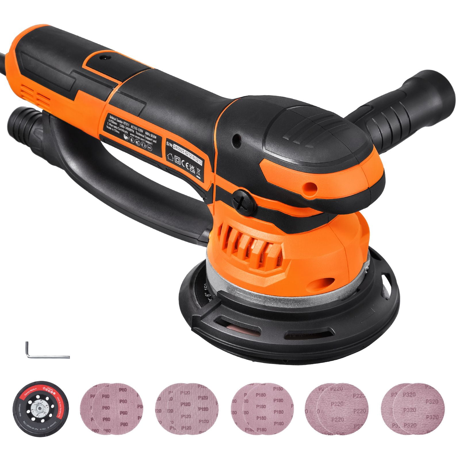 6 Inch Random Orbital Sander with 850W Motor, 3300-7400 RPM, Dual-Action Mode, 10 Sandpapers, for Wood Metal Wall Sanding
