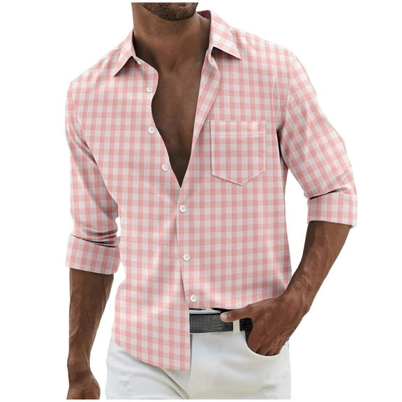 Dealovy Mens Casual Shirts Long Sleeve Button up Turndown Collar Plaid Tops Regular-Fitted Blouse with Pocket