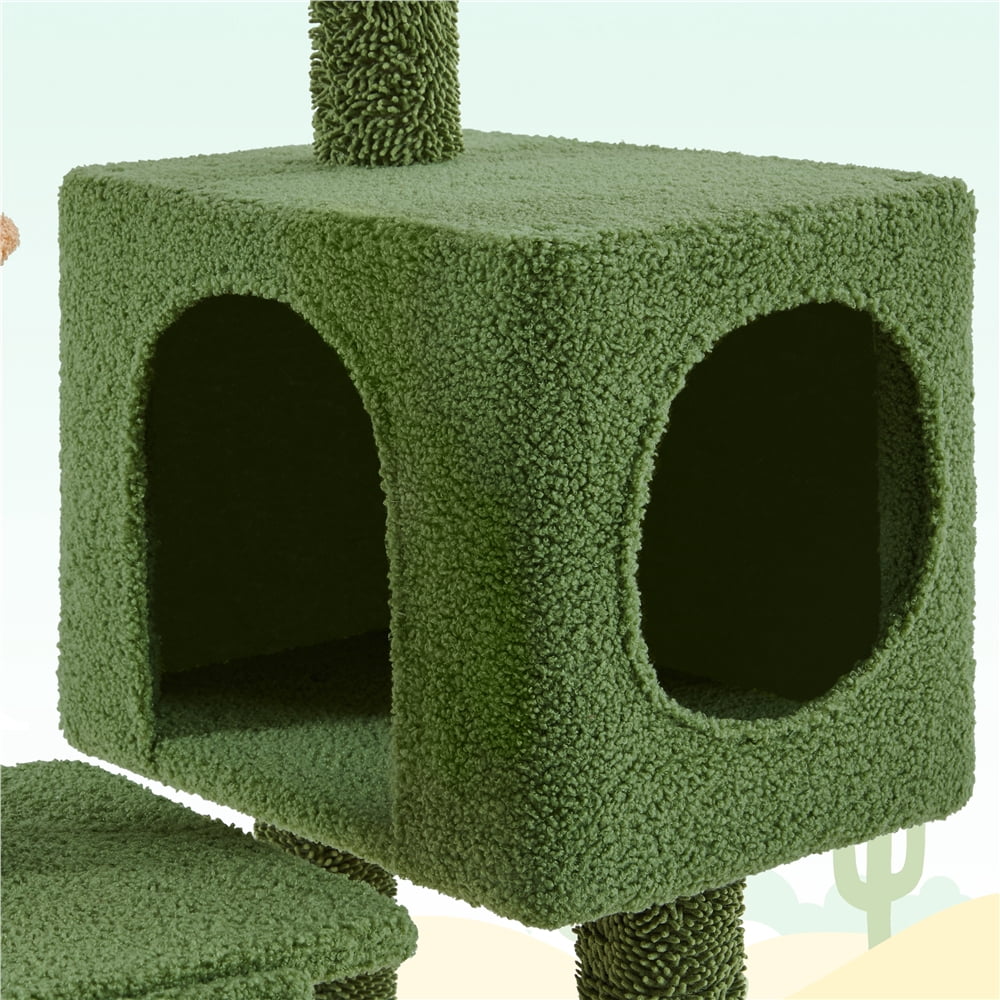 Yaheetech 59.3'' Cactus Cat Tree with Condo, Basket & 3 Scratching Posts, Green/Brown