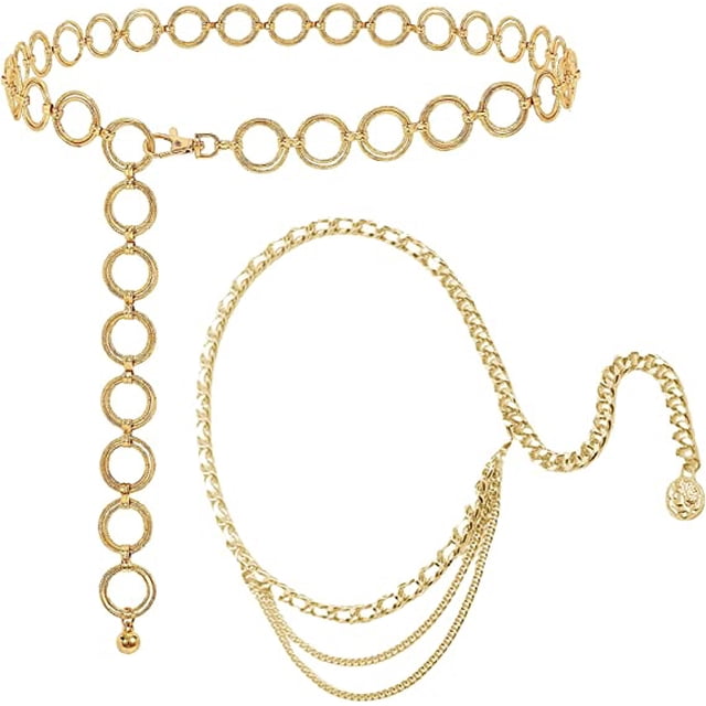 2 Piezas (Oro) Cinturón de Cadena Dorada Multicapa para Mujeres Niñas Cadena de Cinturón Ajustable Cadena de Cintura Dorada Cadena para el Vientre Cadena para el Cuerpo para Jeans de Vestir Rojo Verde