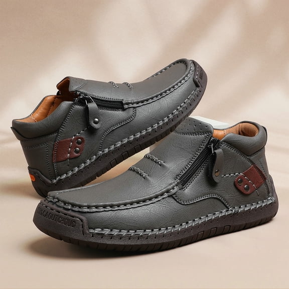 HAJWOH The First Young Shoes Men, Men’S Handmade Premium Leather Slip-On Driving Boots Travel & Outdoor Gray US-8(EU-41)