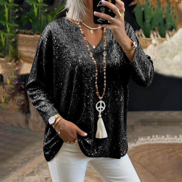 AUNVITO Women's Sparkly V-Neck Long Sleeve Blouse Loose Fit Plus Size Casual Glamorous Style