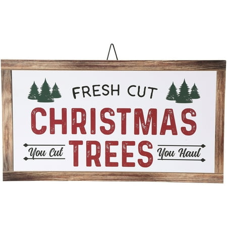 Belham Living Hanging Decor, White with Fresh Cut Christmas Trees Text