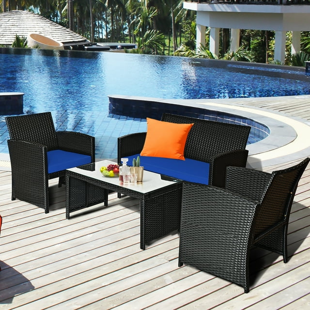 Costway Ensemble de Conversation en Rotin pour Patio 4 Pcs Coussin Canapé Table Jardin Bleu Marine