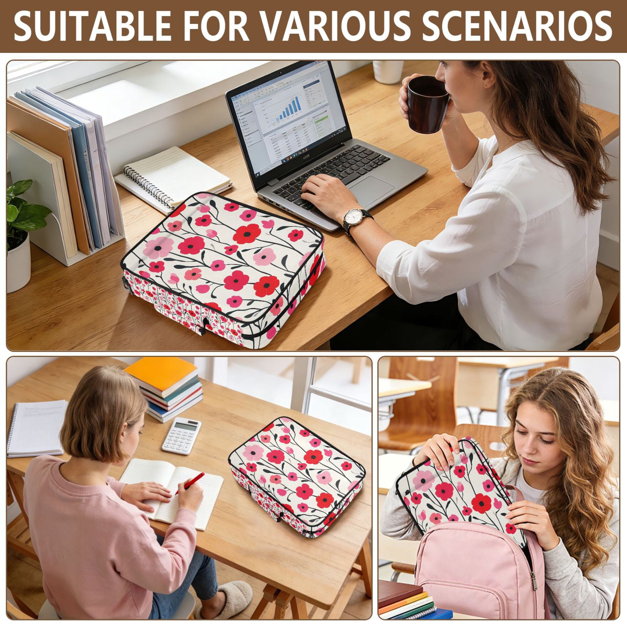 FORMRS Accordion File Folder A4 Size 7-Pocket Expanding Document Organizer Bag with 3 Ring Binder, Pink Floral