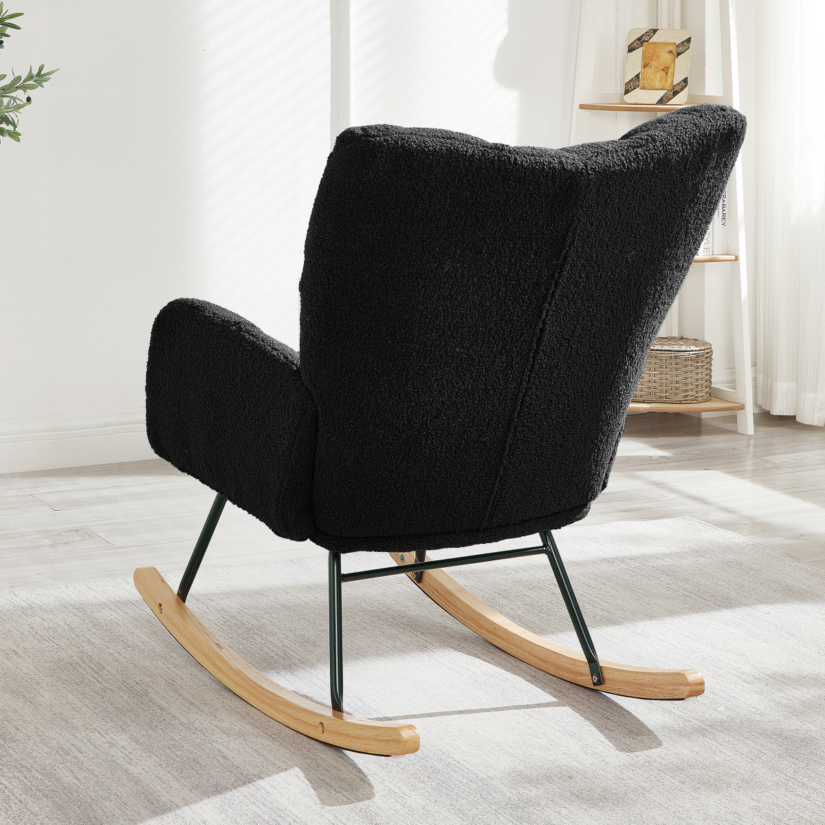 Glider Rocking Chair for Living Room, Tufted Upholstered Accent Chair with Teddy Fabric and Metal Frame, High Back Armchair for Nursery, Bedroom, or Reading Corner