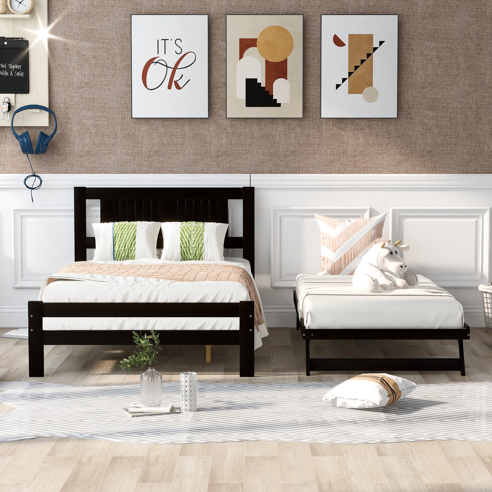 2021 Simple Full-Size Wooden Platform Bed with Adjustable Casters 