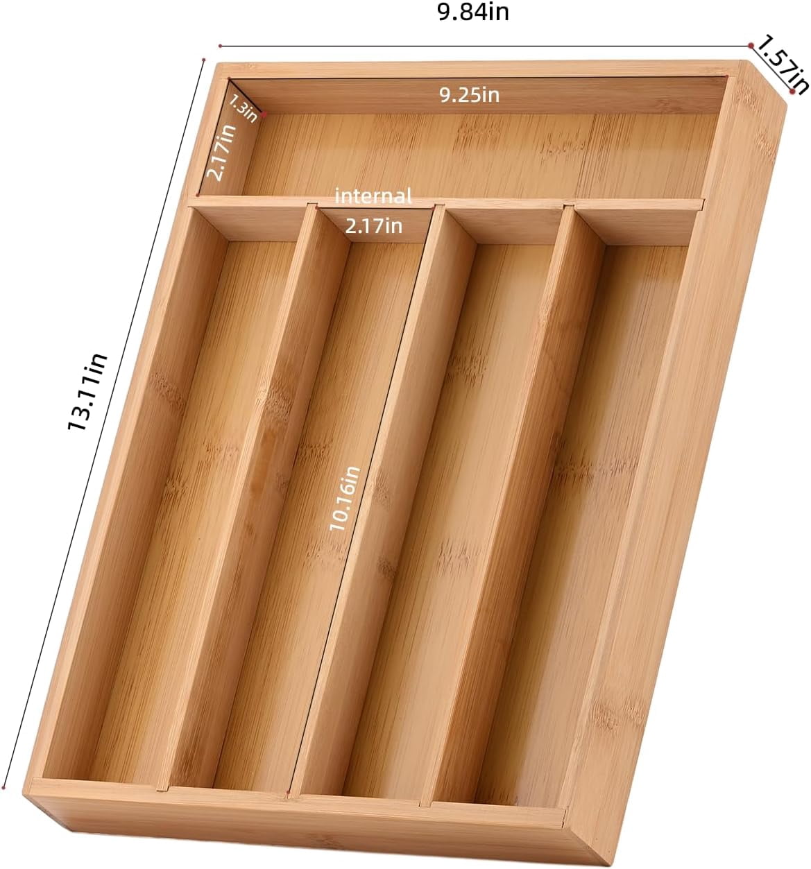 Wooden for Drawer, Bamboo Utensil Drawer Organizers, Kitchen Utensil Organizer Tray with 5 Storage Compartments, Flatware Organizers for Cutlery Flatware 13.1 x 9.8 x 1.5"