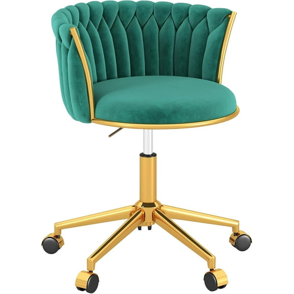 Homedraft Velvet Woven Home Office Chair, Modern Swivel Desk Chair with Wheels, Height Adjustable Vanity Chair with Gold Metal Base and Hand Weaving Back for Bedroom Study Computer Room, Dark Green