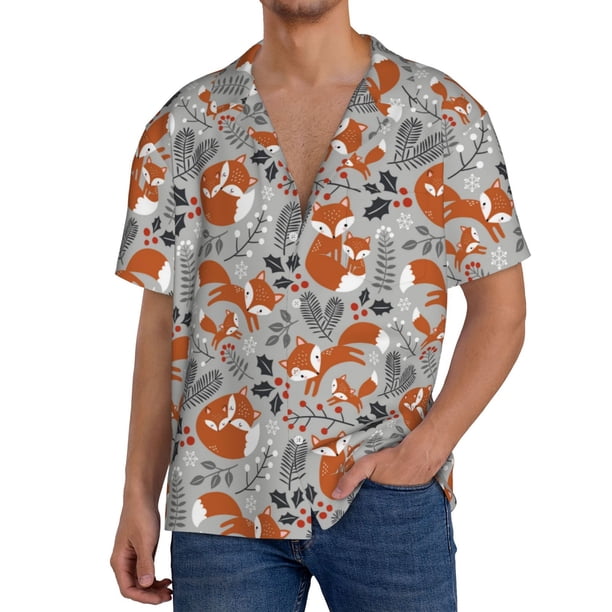 Balery Vintage Blue Fox Family A Camisa Casual de Manga Corta con Botones para Hombre, Texturizada, Estilo Cubano, para Playa, Verano-Medium