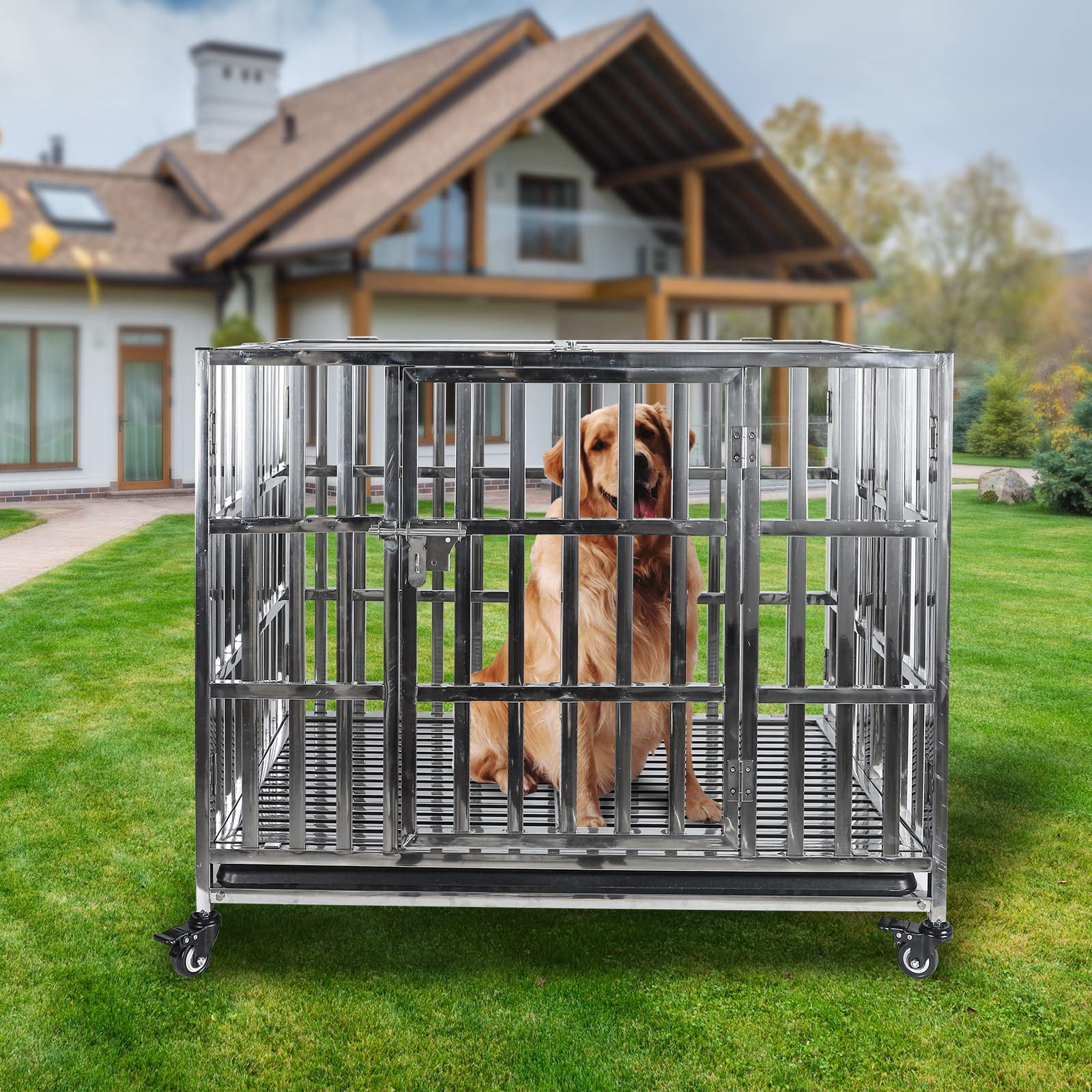 Confote 37" Stainless Steel Dog Crate Stackable Heavy Duty Pet Kennel Foldable Dog Kennels Dog Cage with Double Door for Out-Door Travel