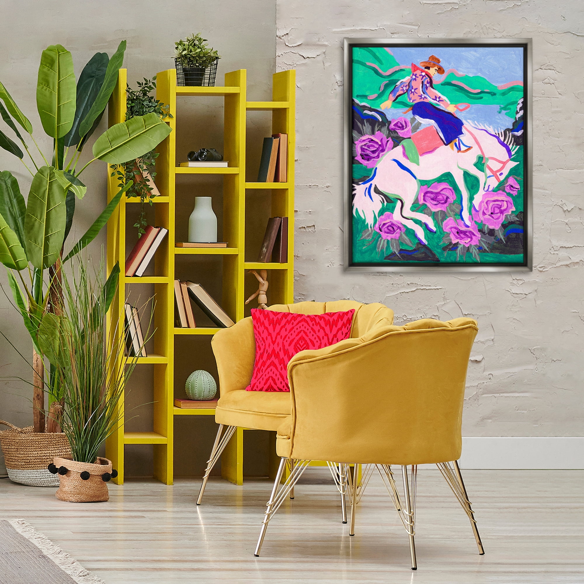 Stupell Industries Bold Hued Cowboy & Horse Animals Painting Gray Floater Framed Canvas Art Print Wall Art, 25 x 31