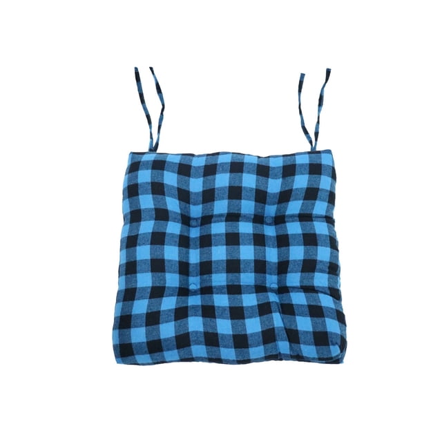 Inteprter Silla de forma cuadrada Almohadillas de poliéster Rejilla Cojín y cálido con lazos Respaldo antideslizante Almohada Mat Home Decoración del hogar Cuadrícula azul de 2.5 cm 43*42*12cm