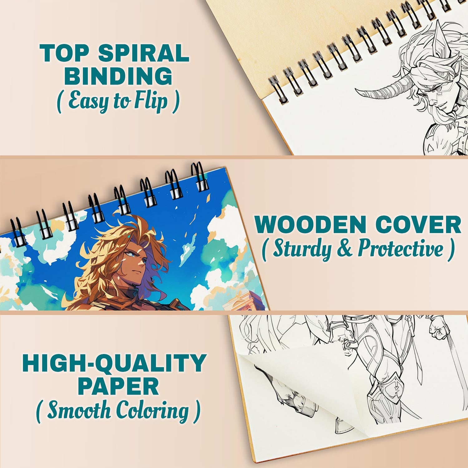 Netecom Centaur Coloring Book Spiral Bound for Adults, A5 Wooden Cover, 30 Stunning Illustrations of Majestic Creature for Stress Relief and Relaxation
