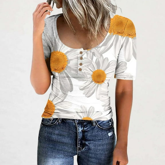 Olyvenn Summer Tops for Women 2025 Vintage Floral Print Blouse Tees Casual Square Button Up Neck Short Sleeve Shirts Tshirt White L