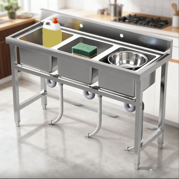 3 Compartment Commercial Utility Sink, Outdoor Freestanding Kitchen Sink with Strainer, High Capacity Utility Sinks, Kitchen Sink for Outdoor, Laundry Use