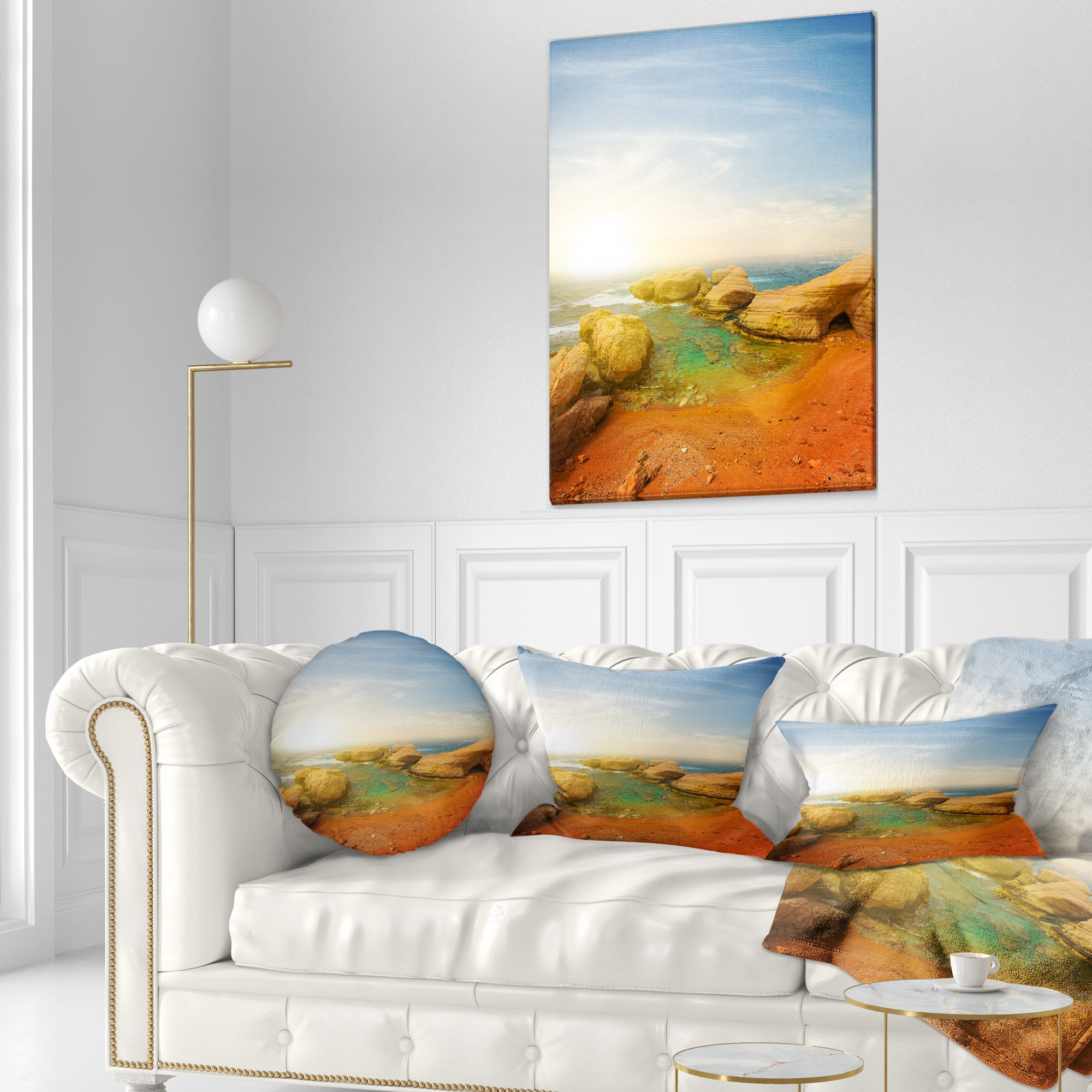Designart Rocky Red Beach and Blue Sky - Seashore Throw Pillow - 12x20