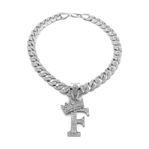 iJewelry2 Kings and Queens Crowned Initial Letter F Crystals Pendant Silver-tone Cuban Linked Chain Necklace