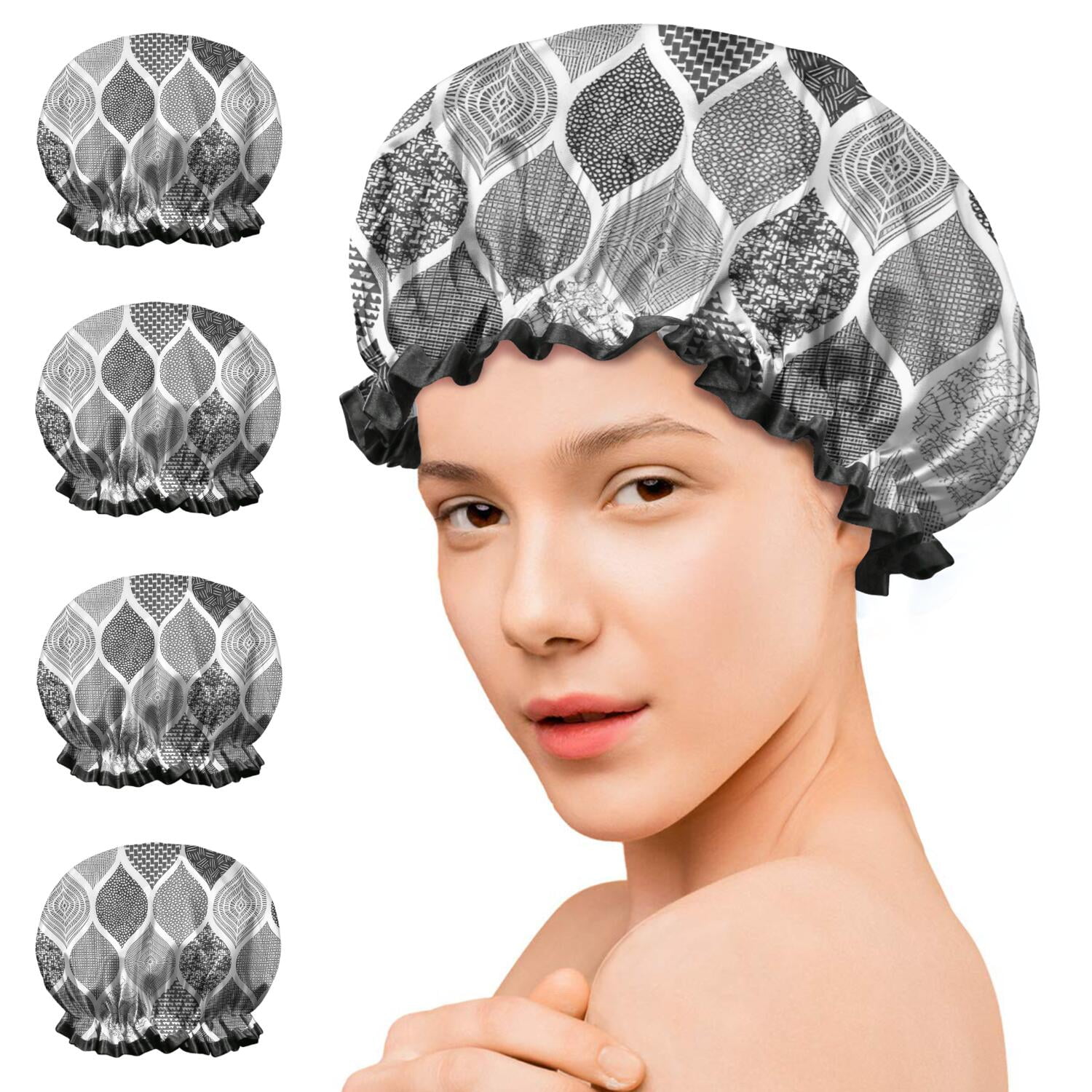 Shower Caps,Black and White Geometric Quatrefoil Pattern Waterproof Shower Cap for Women 4 Pieces,Double Reusable Hair Cover for Shower PEVA Elastic Stretch Hem