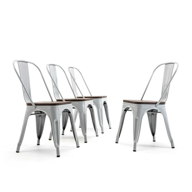 Belleze Set Of 4 Modern Stackable Bistro Dining Chairs With Wooden Seat Cafe Bar Restaurant Stool Silver Com Modern Stackable Bistro Dining Chairs, Black And Silver Dining Chairs Set Of 4