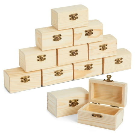 Bright Creations Baby Shower Decorations Mini Unfinished Wooden Treasure Boxes - 3.5 x 2.2 x 2 In, Brown, Pack of 12, Chest Style - Wooden Treasure Chest to Paint & Party Favors