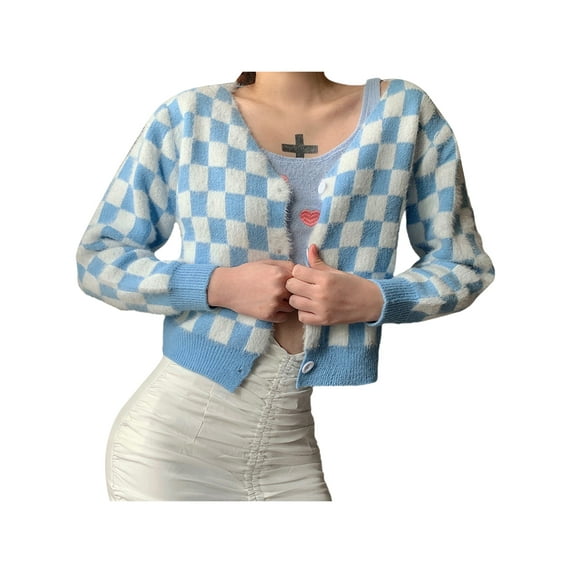 Franhais Women Crochet Cardigan, Checkerboard Plaid Pattern Single-breasted V-neck Sweater, S/M/L